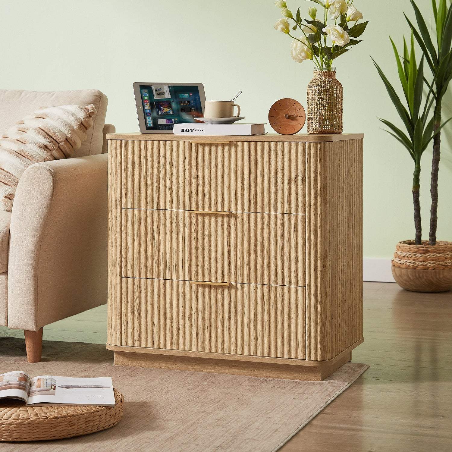 28" Oak Ribbed Texture Wood Three Drawer Dresser - HomeRoots - Flyclothing LLC
