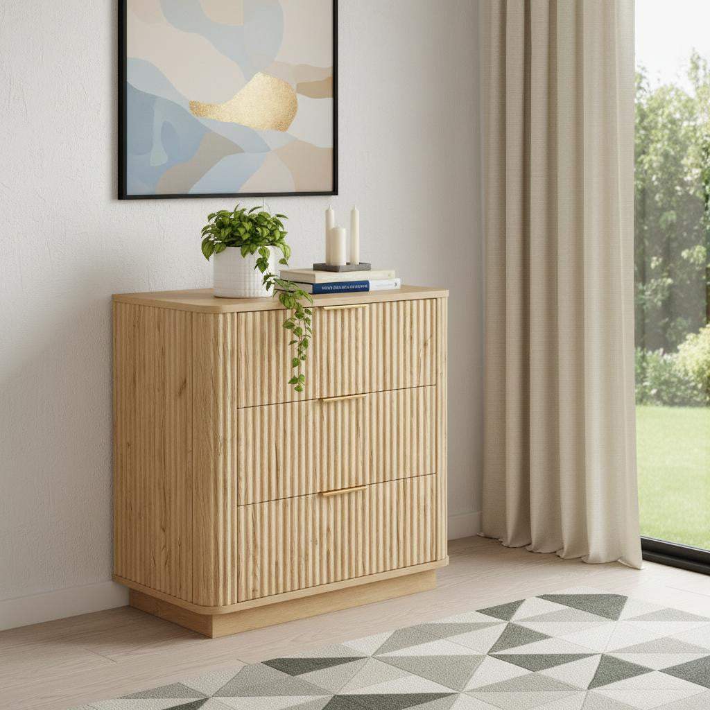28" Oak Ribbed Texture Wood Three Drawer Dresser - HomeRoots - Flyclothing LLC