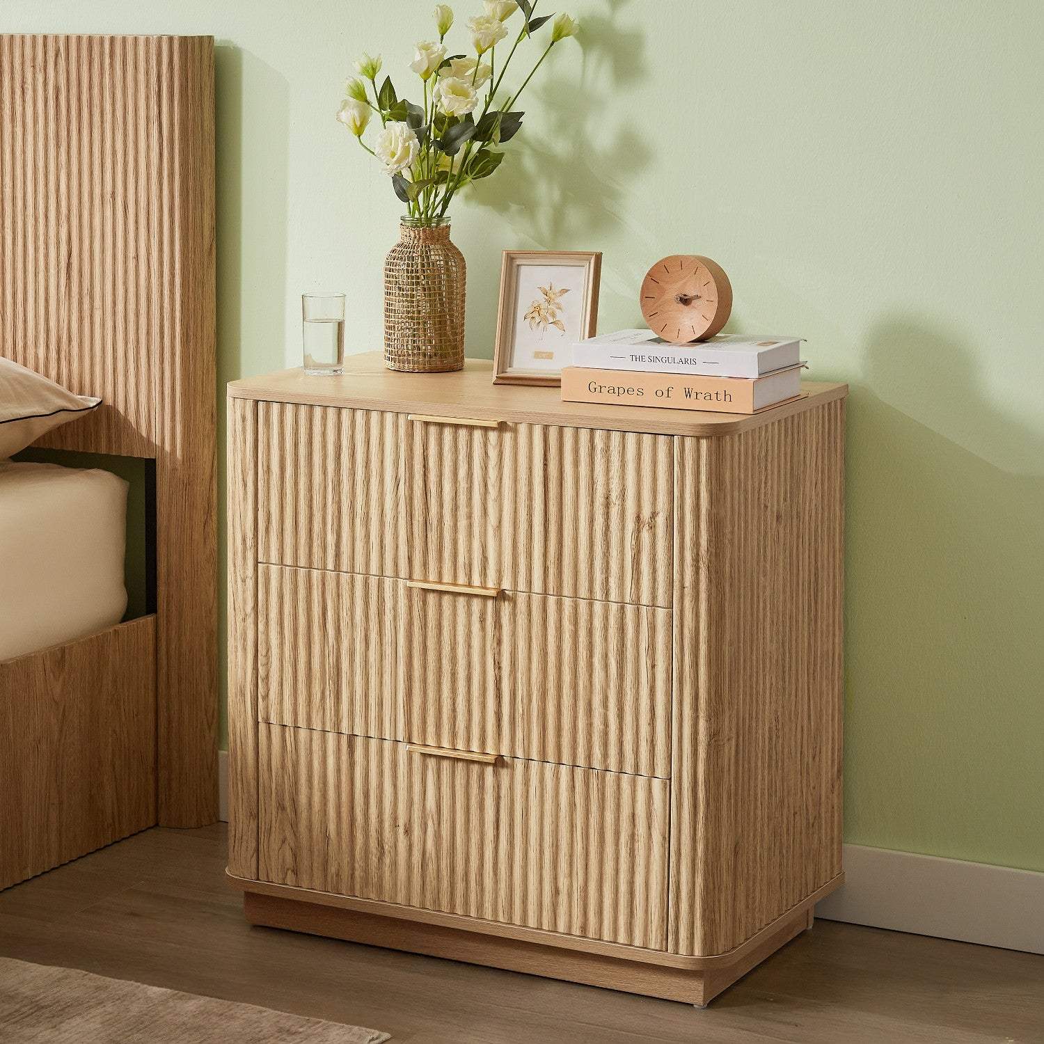28" Oak Ribbed Texture Wood Three Drawer Dresser - HomeRoots - Flyclothing LLC