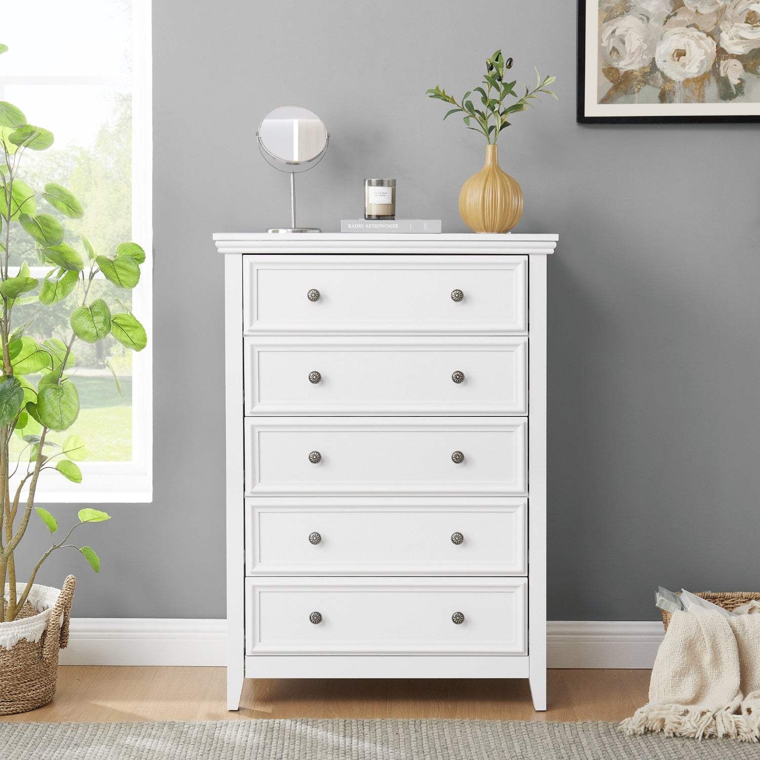 32" White Wood Five Drawer Dresser - HomeRoots - Flyclothing LLC