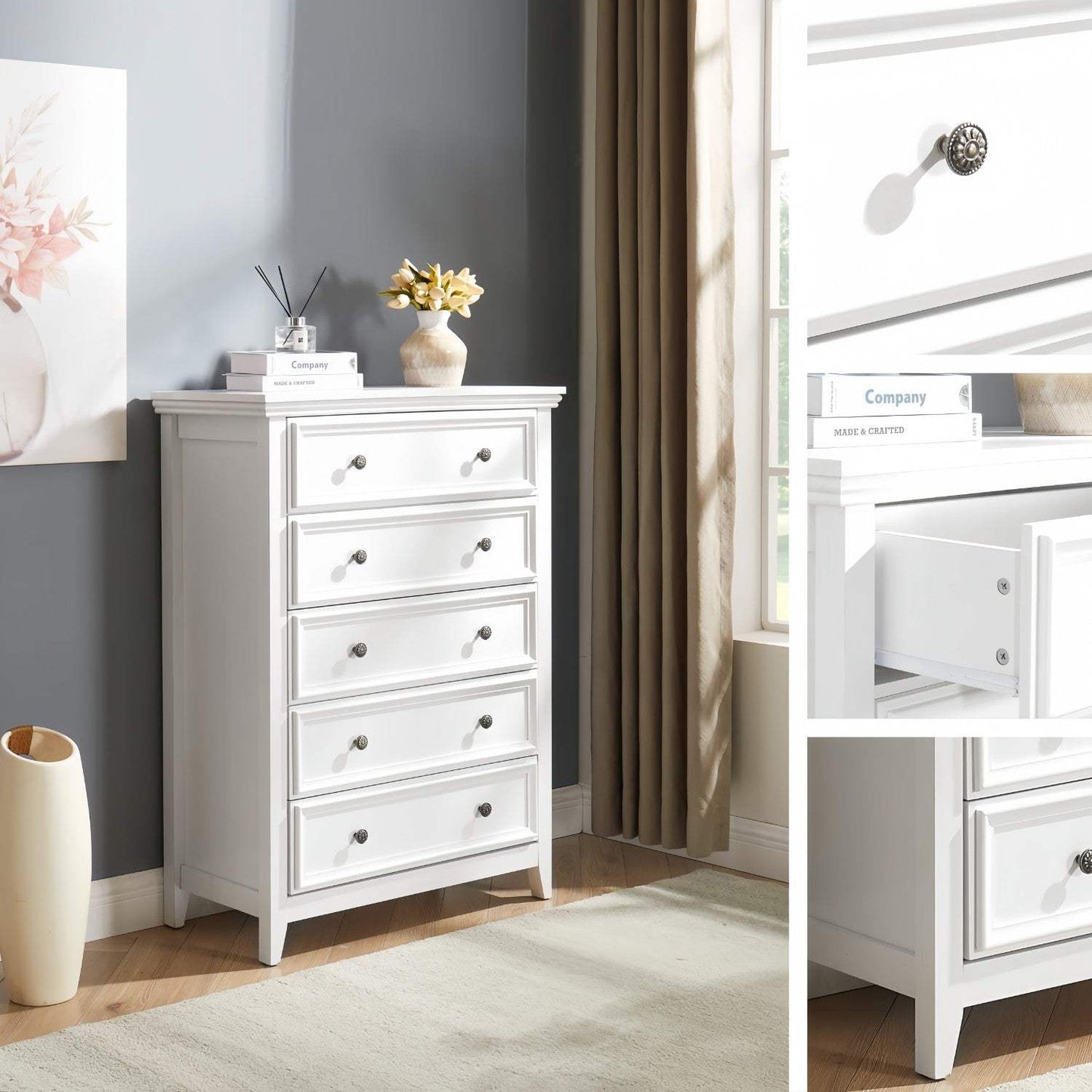 32" White Wood Five Drawer Dresser - HomeRoots - Flyclothing LLC