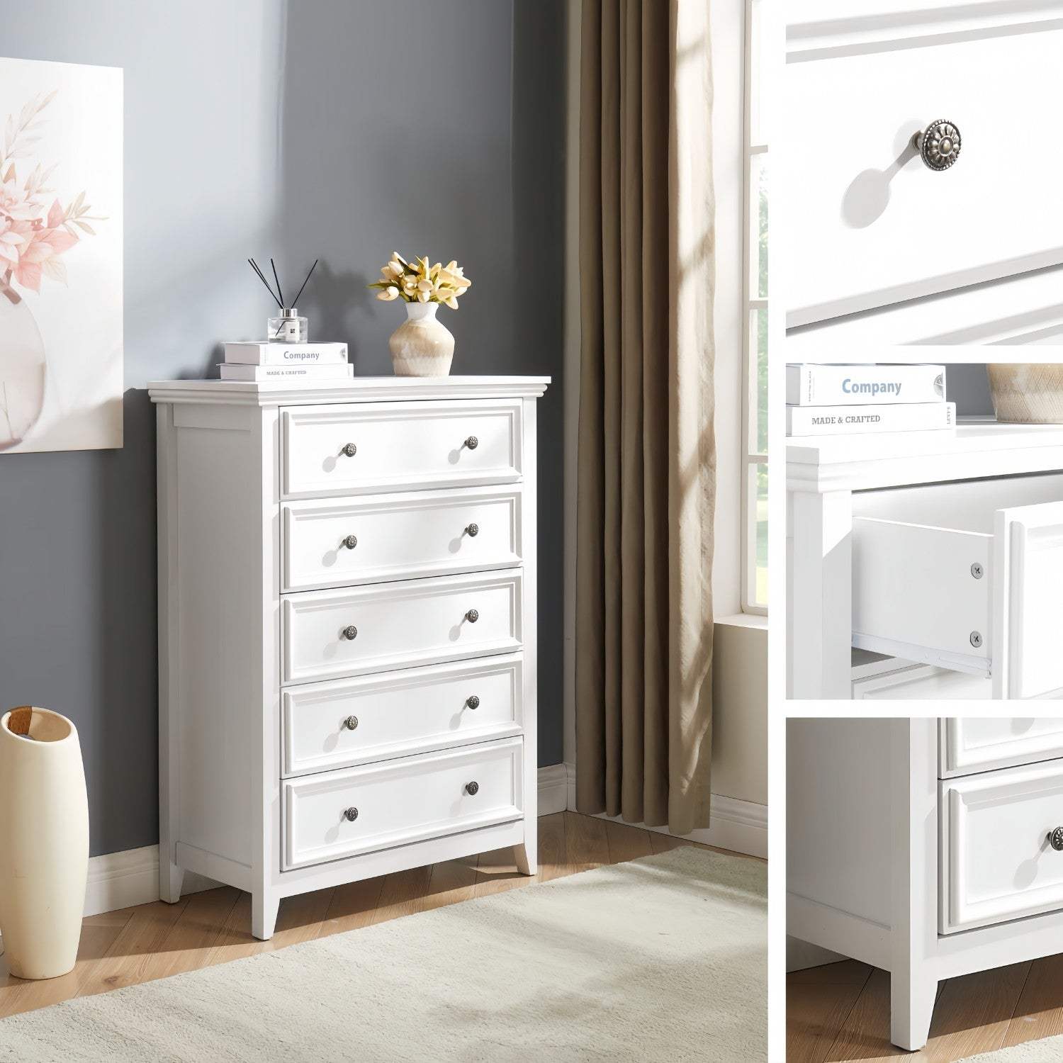 32" White Wood Five Drawer Dresser - HomeRoots - Flyclothing LLC