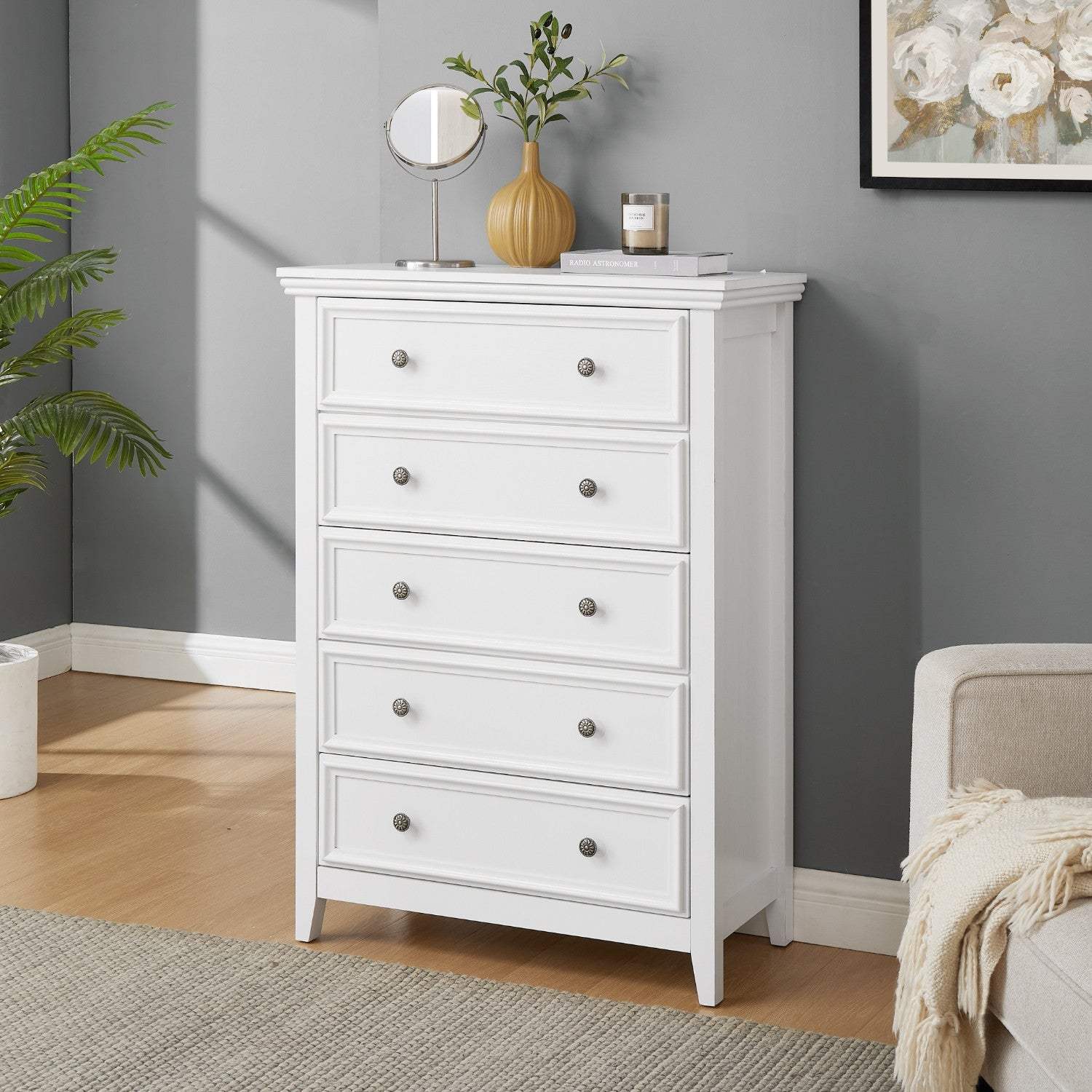 32" White Wood Five Drawer Dresser - HomeRoots - Flyclothing LLC