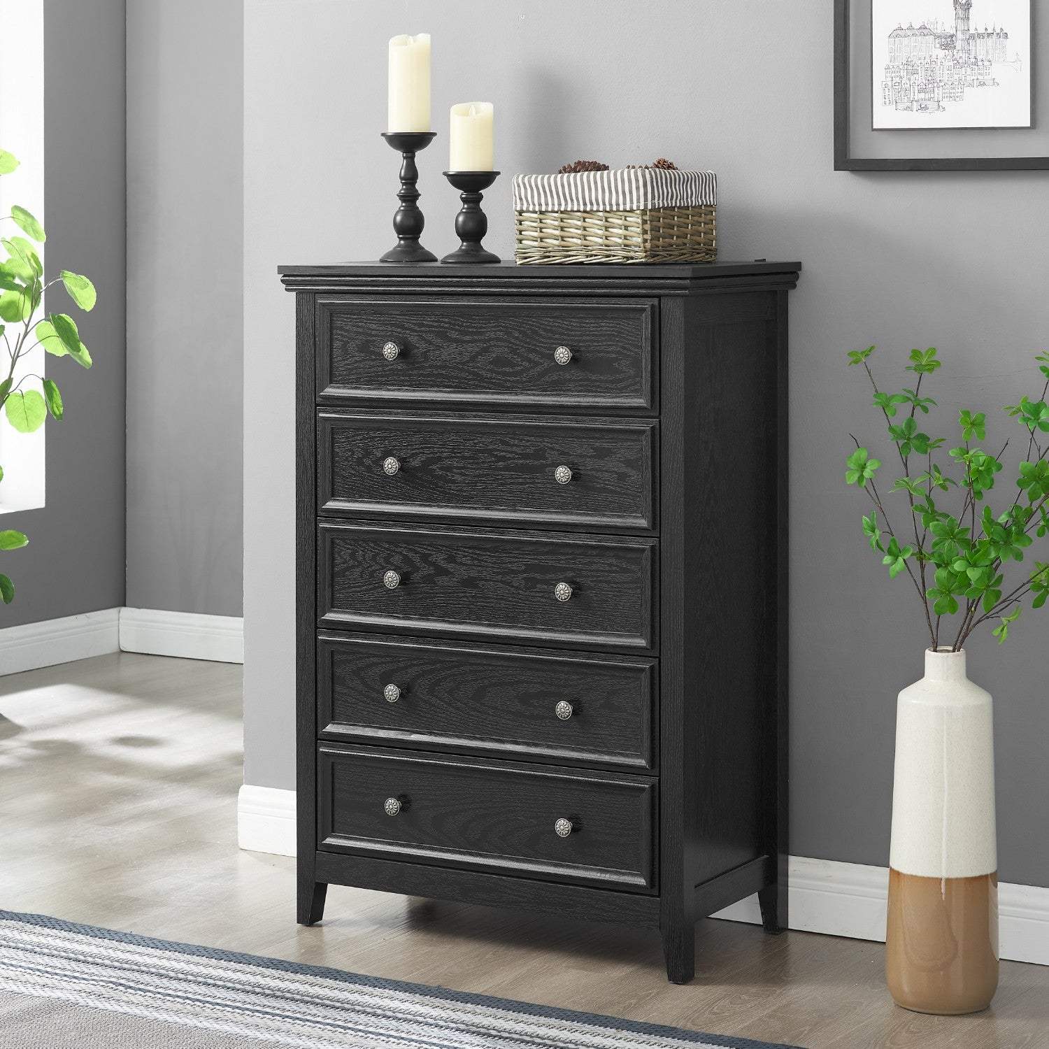 32" Black Wood Five Drawer Dresser - HomeRoots - Flyclothing LLC