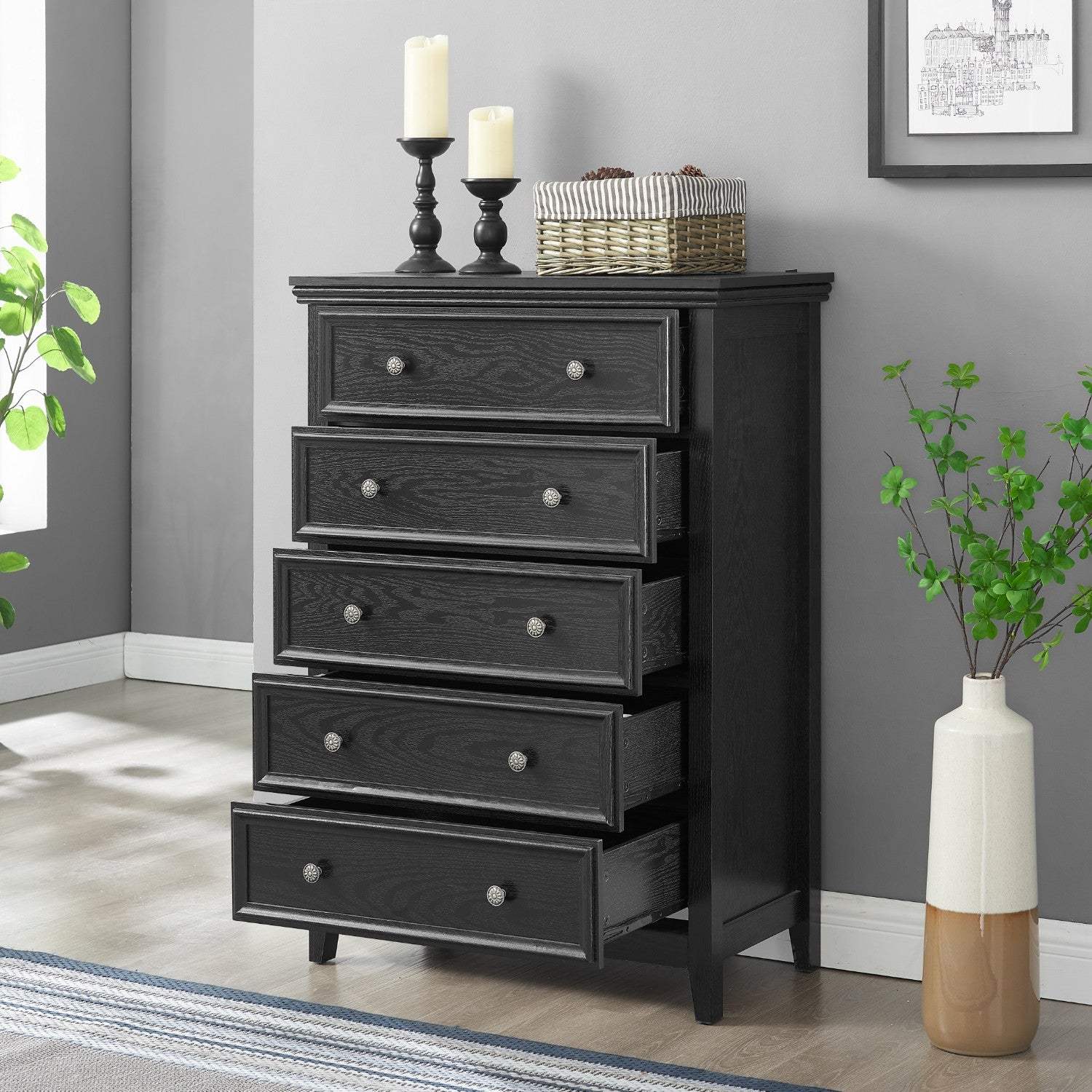 32" Black Wood Five Drawer Dresser - HomeRoots - Flyclothing LLC