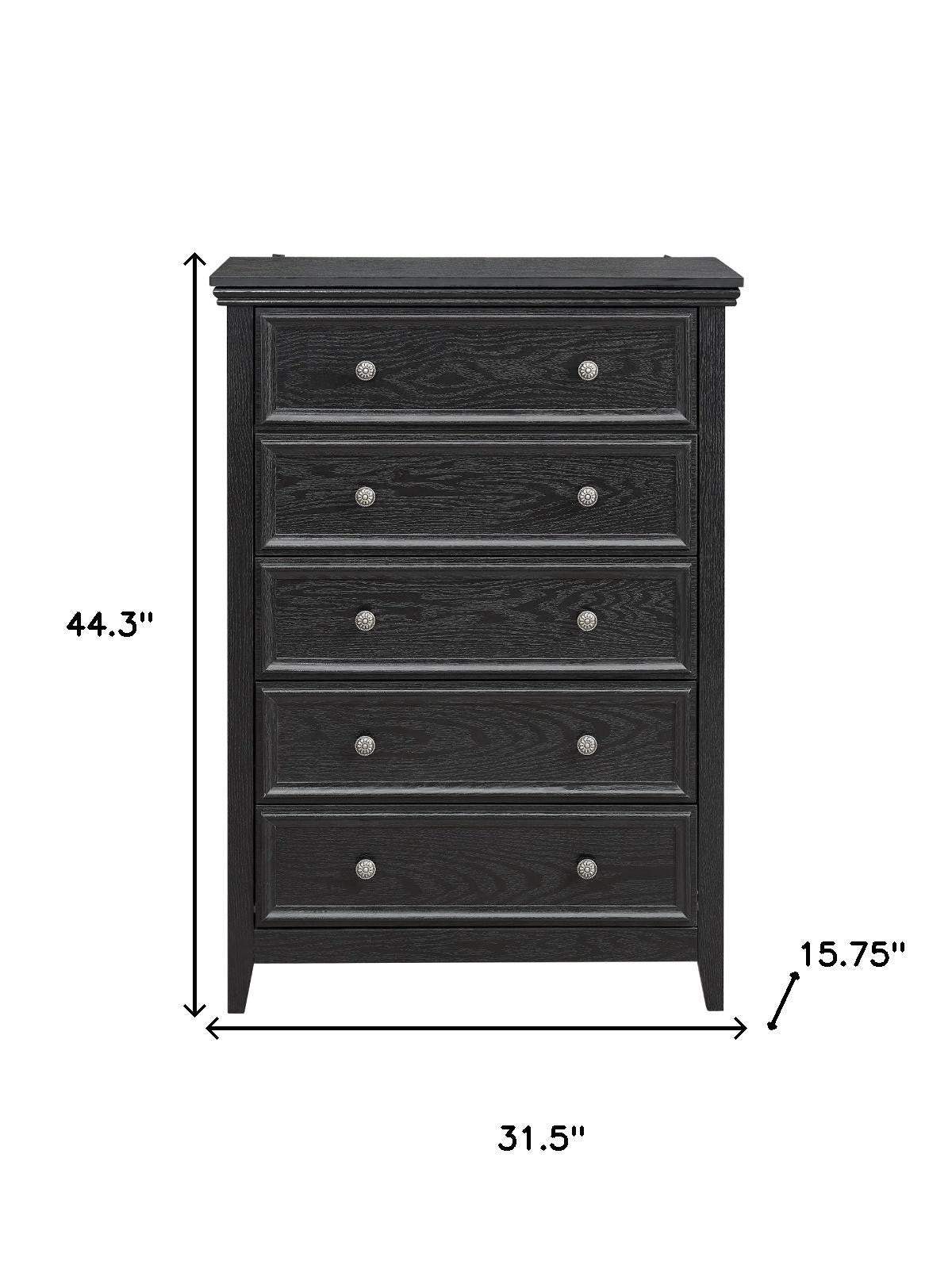 32" Black Wood Five Drawer Dresser - HomeRoots - Flyclothing LLC