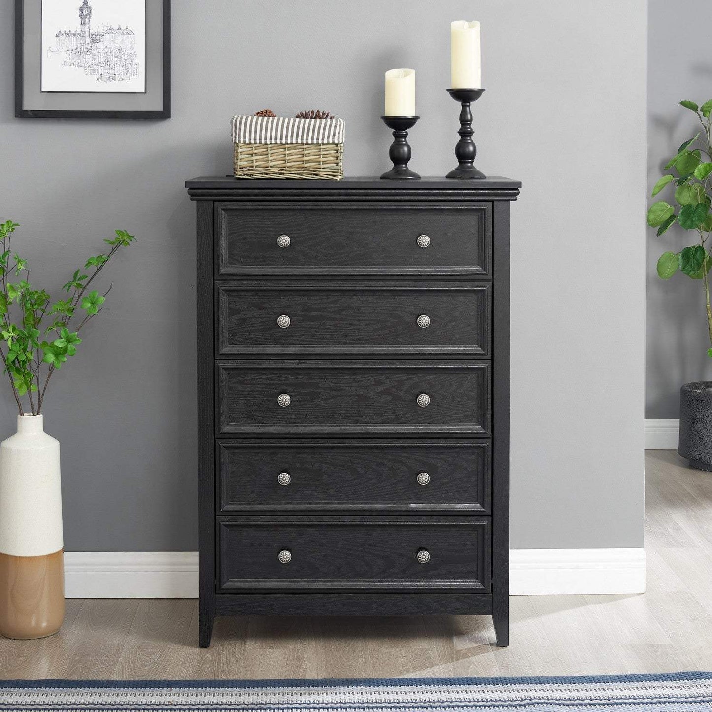 32" Black Wood Five Drawer Dresser - HomeRoots - Flyclothing LLC