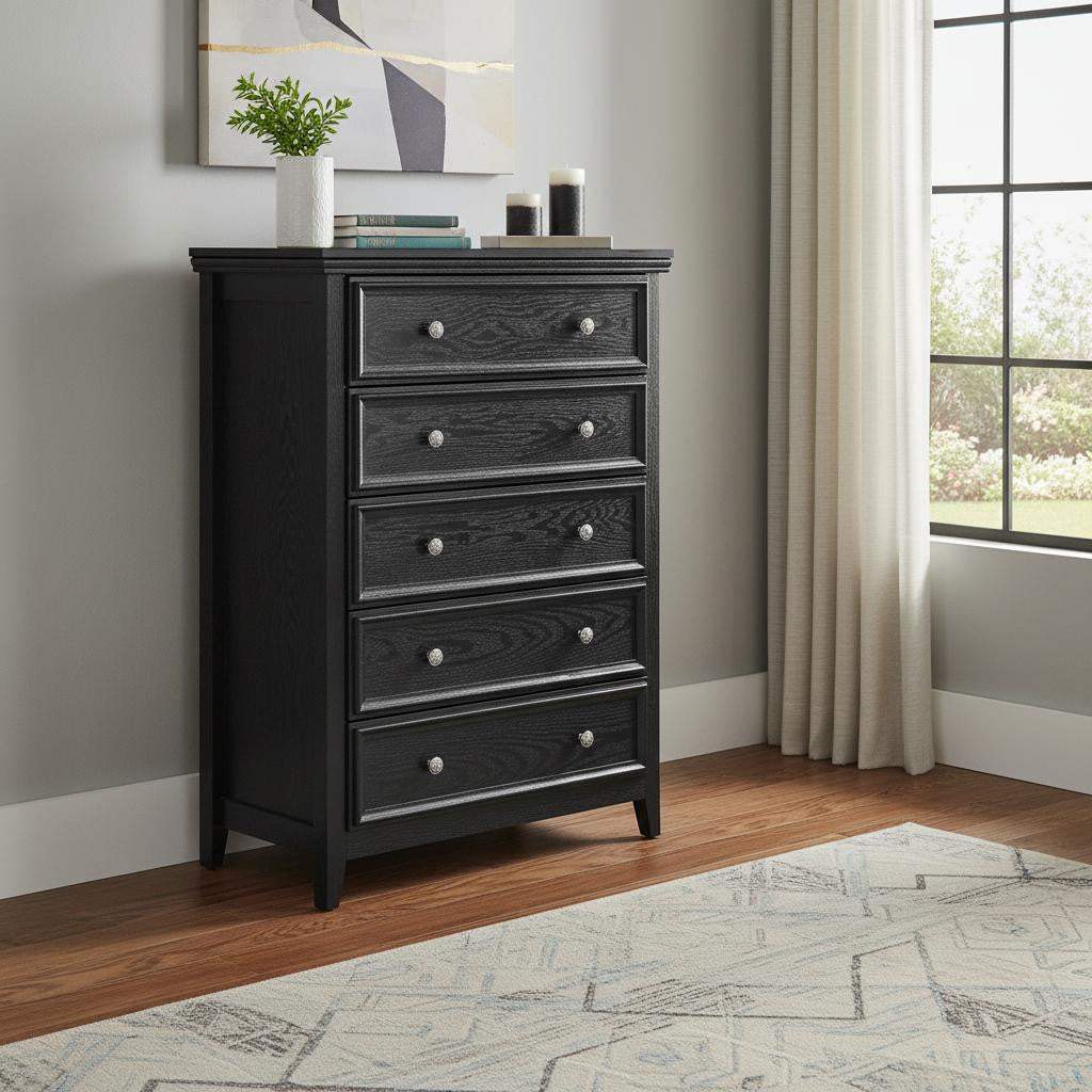 32" Black Wood Five Drawer Dresser - HomeRoots - Flyclothing LLC