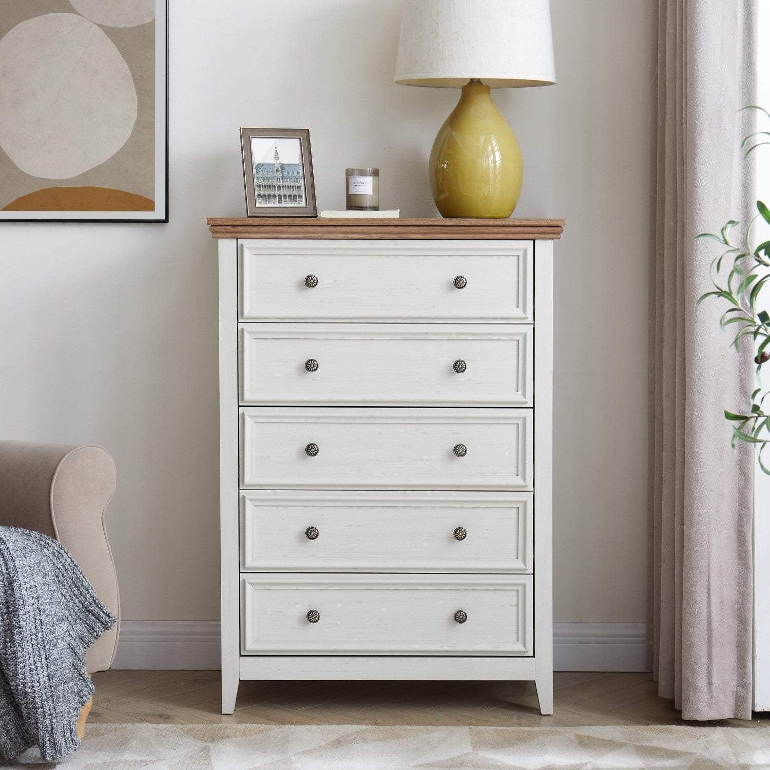 32" Beige And Brown Wood Five Drawer Dresser - HomeRoots - Flyclothing LLC