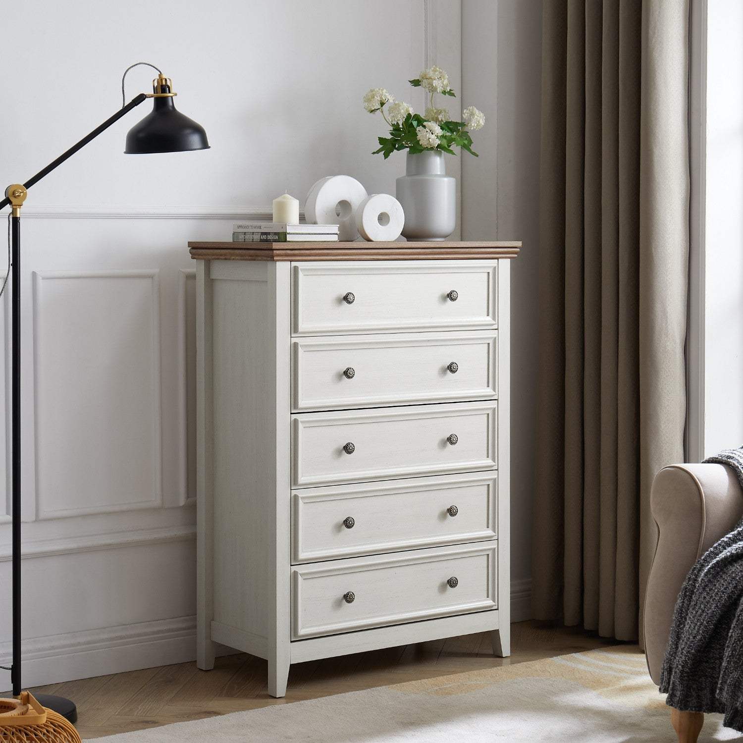 32" Beige And Brown Wood Five Drawer Dresser - HomeRoots - Flyclothing LLC