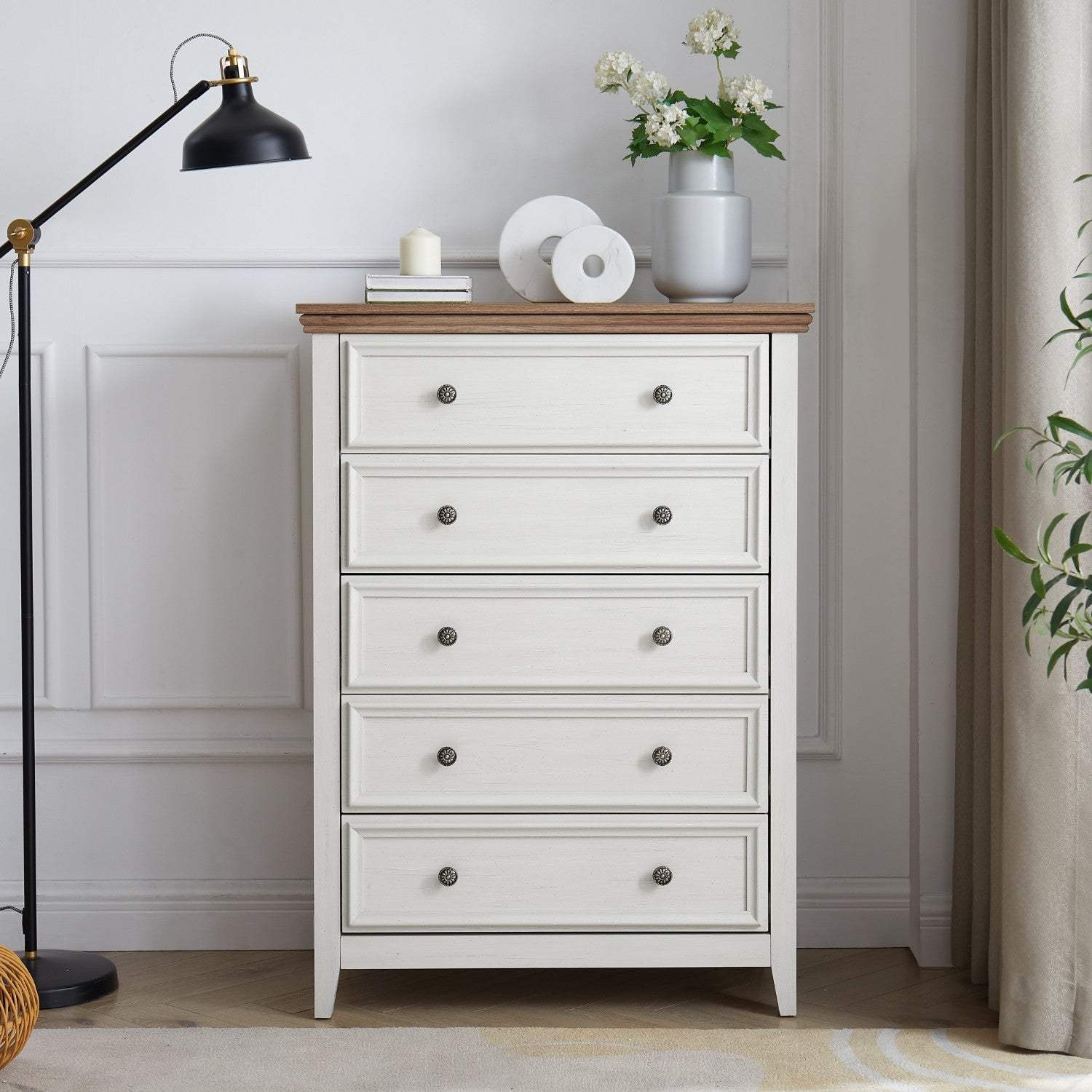 32" Beige And Brown Wood Five Drawer Dresser - HomeRoots - Flyclothing LLC