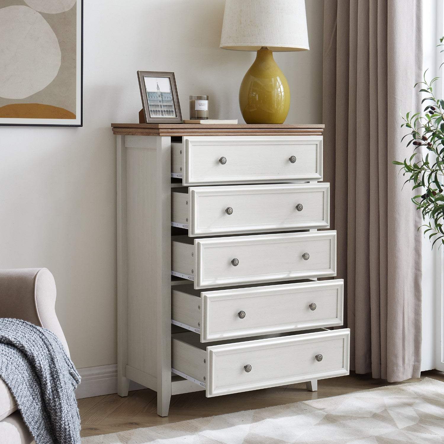 32" Beige And Brown Wood Five Drawer Dresser - HomeRoots - Flyclothing LLC