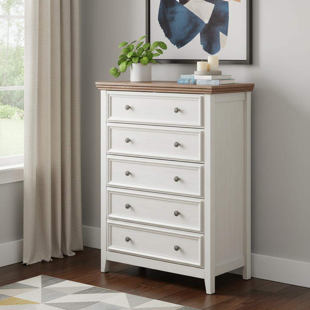 32" Beige And Brown Wood Five Drawer Dresser - HomeRoots - Flyclothing LLC