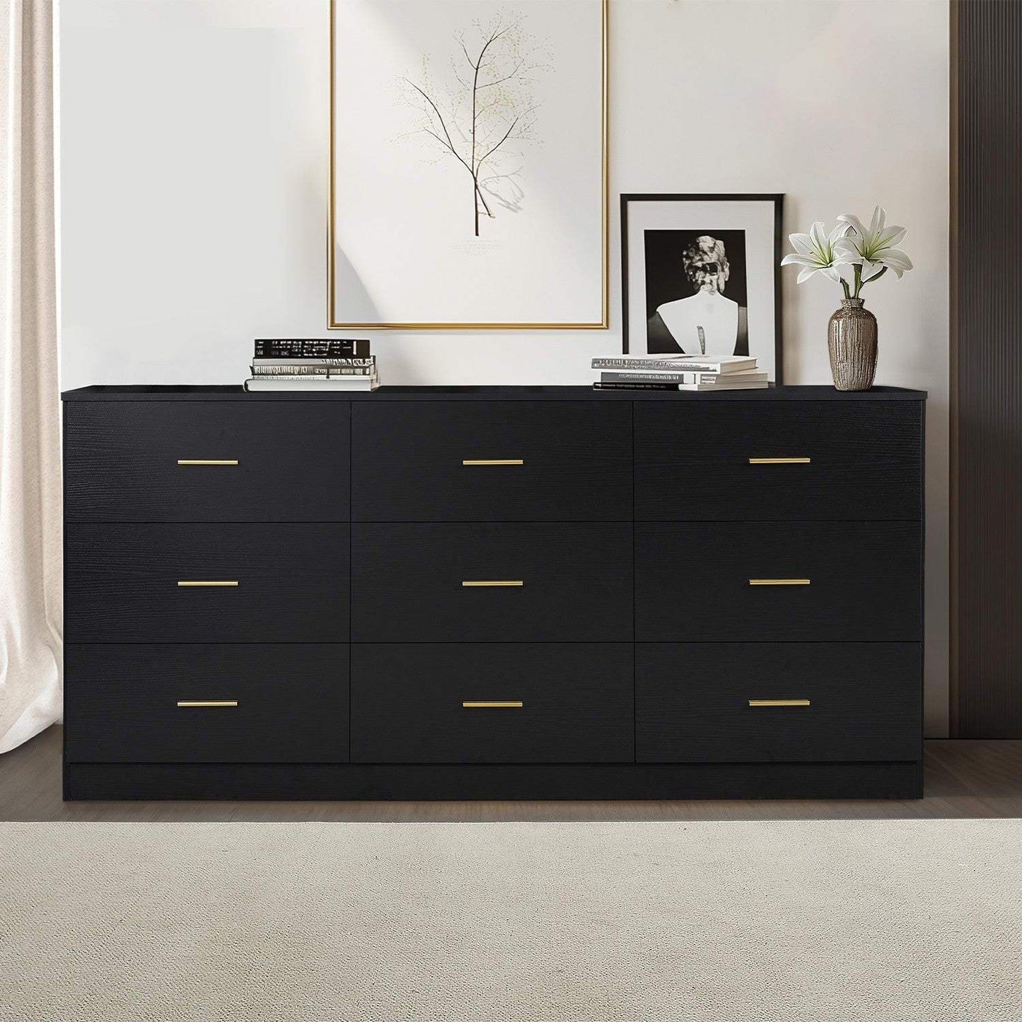 63" Black Wood Nine Drawer Triple Dresser - HomeRoots - Flyclothing LLC