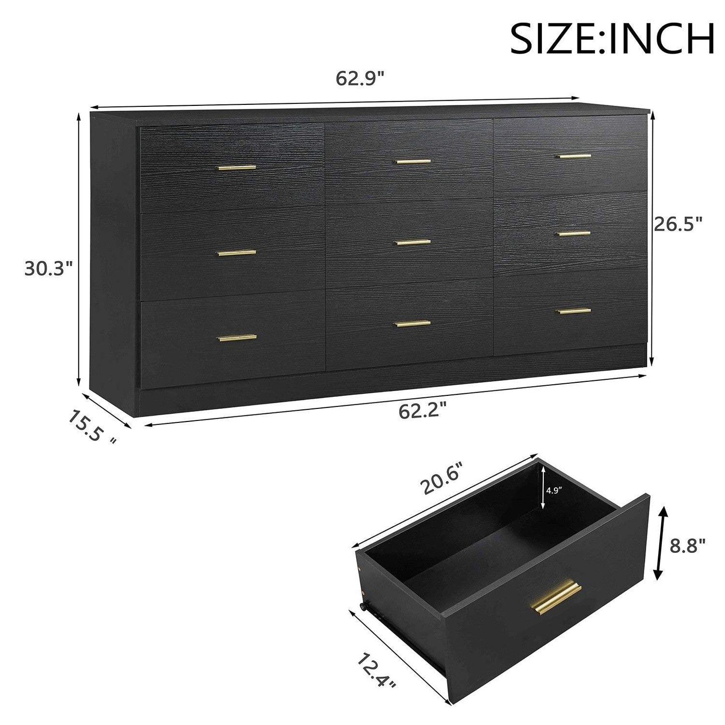 63" Black Wood Nine Drawer Triple Dresser - HomeRoots - Flyclothing LLC