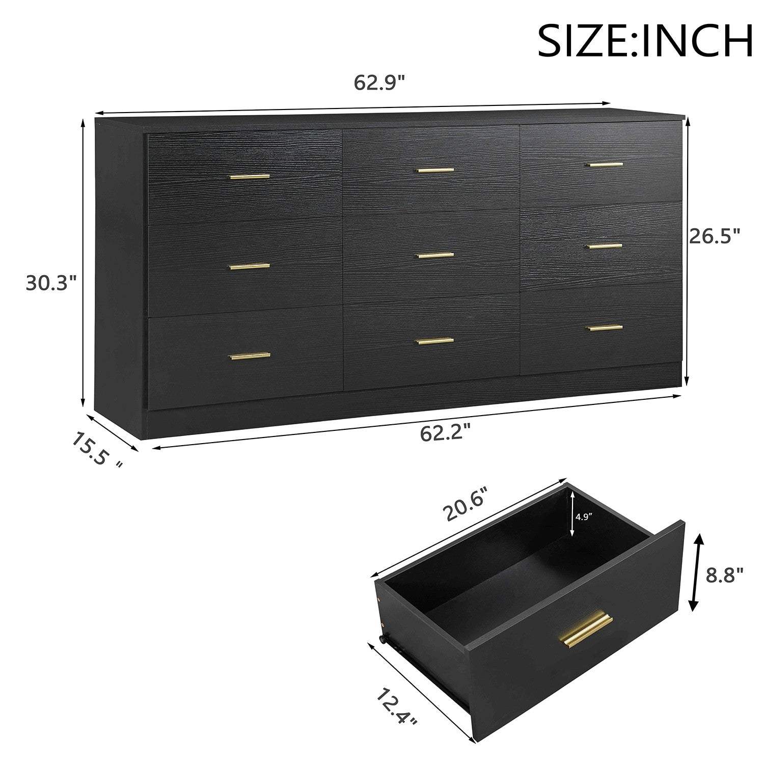 63" Black Wood Nine Drawer Triple Dresser - HomeRoots - Flyclothing LLC