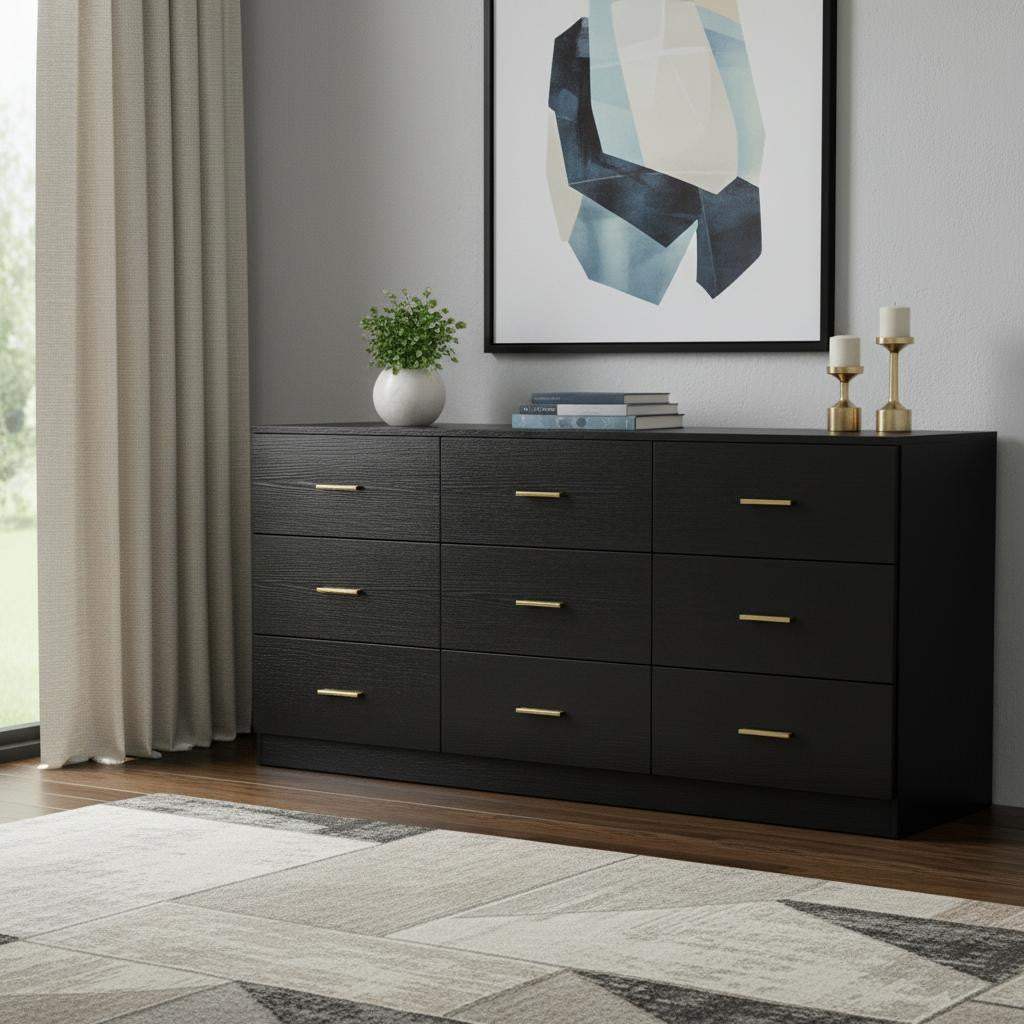 63" Black Wood Nine Drawer Triple Dresser - HomeRoots - Flyclothing LLC