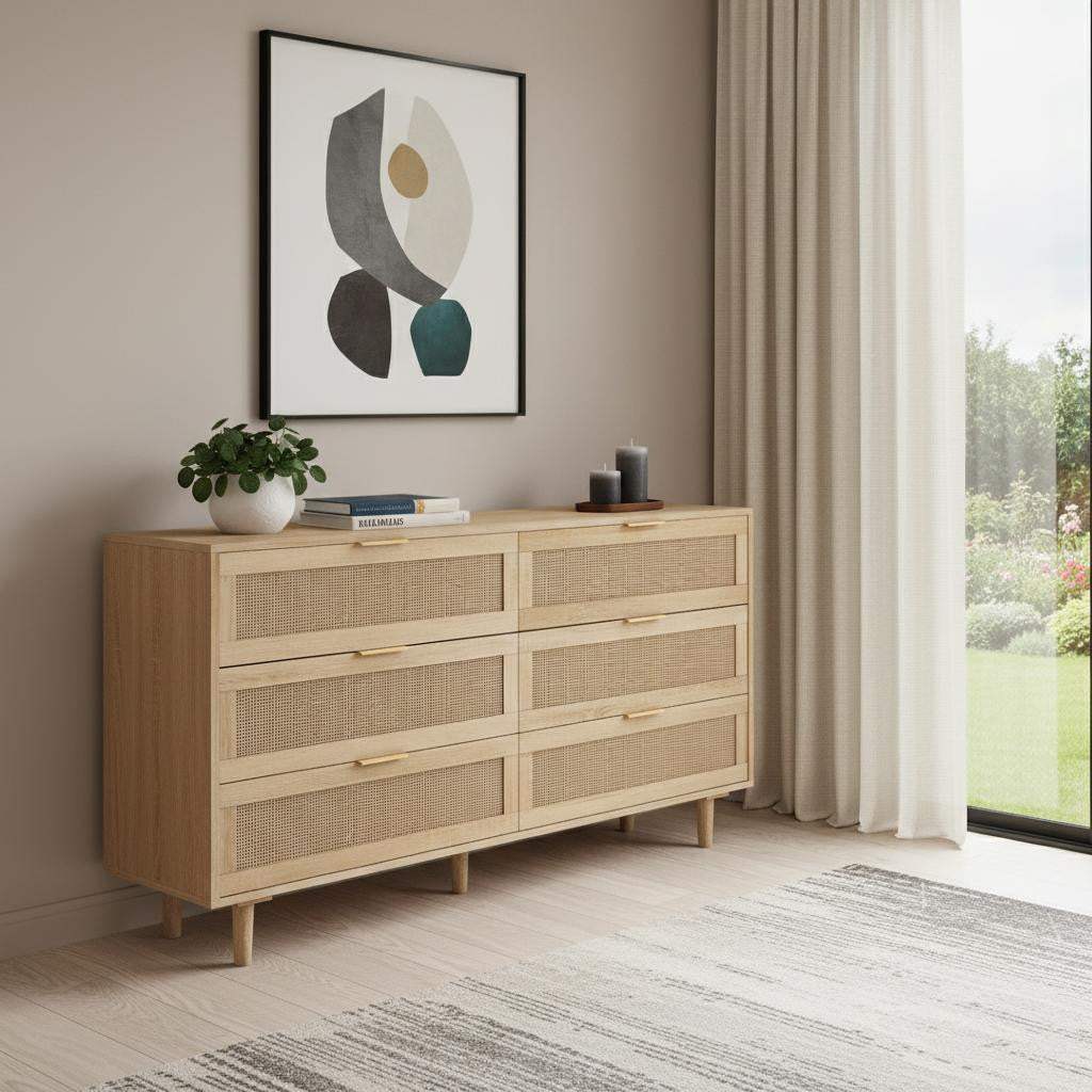 59" Natural Wood and Rattan Six Drawer Double Dresser - HomeRoots - Flyclothing LLC