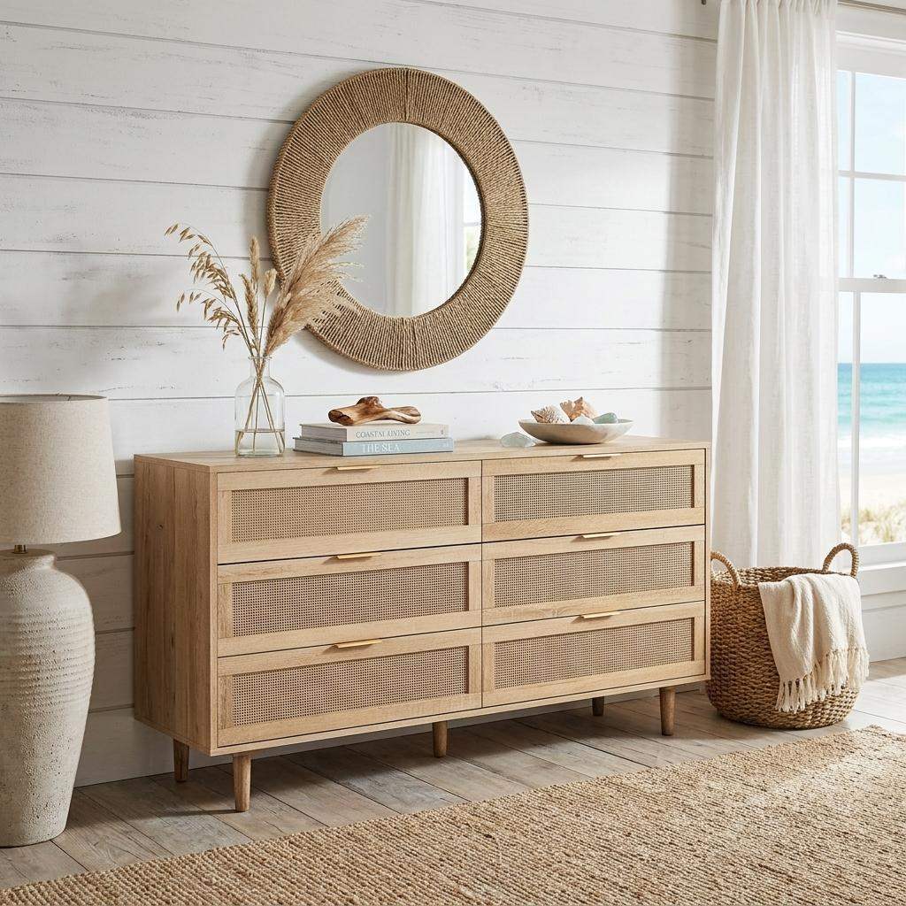 59" Natural Wood and Rattan Six Drawer Double Dresser - HomeRoots - Flyclothing LLC