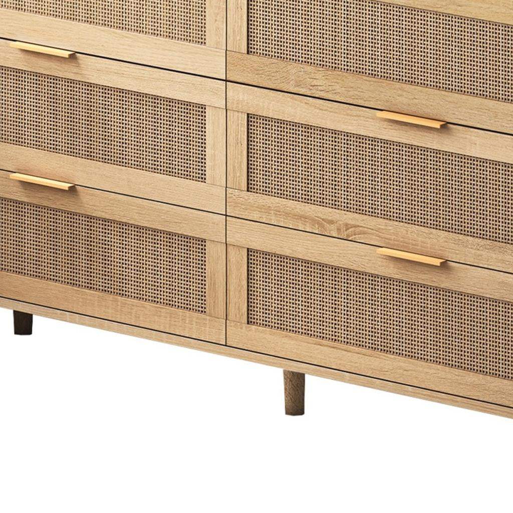 59" Natural Wood and Rattan Six Drawer Double Dresser - HomeRoots - Flyclothing LLC