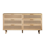 59" Natural Wood and Rattan Six Drawer Double Dresser - HomeRoots - Flyclothing LLC