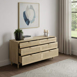 59" Natural Wood and Rattan Six Drawer Double Dresser - HomeRoots - Flyclothing LLC
