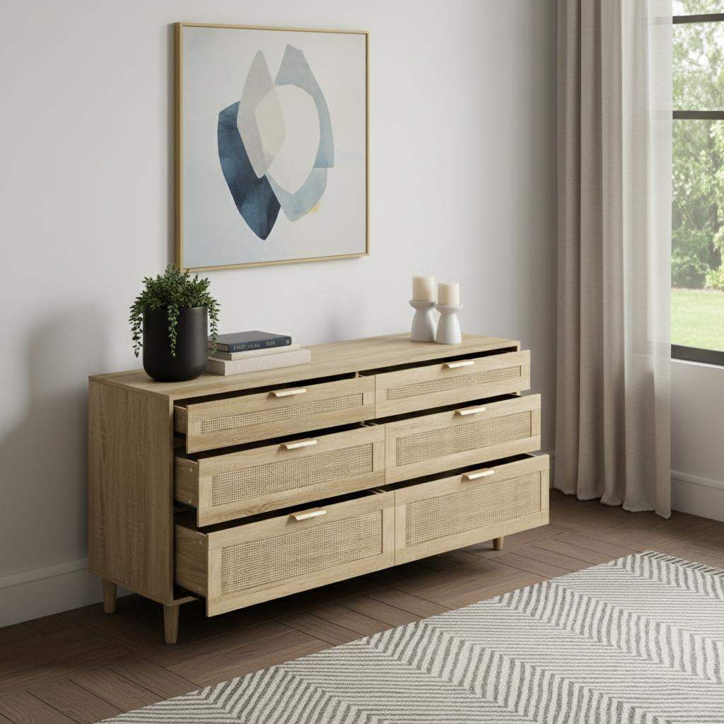 59" Natural Wood and Rattan Six Drawer Double Dresser - HomeRoots - Flyclothing LLC
