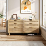 59" Natural Wood and Rattan Six Drawer Double Dresser - HomeRoots - Flyclothing LLC