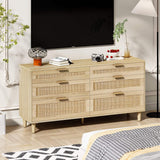 59" Natural Wood and Rattan Six Drawer Double Dresser - HomeRoots - Flyclothing LLC