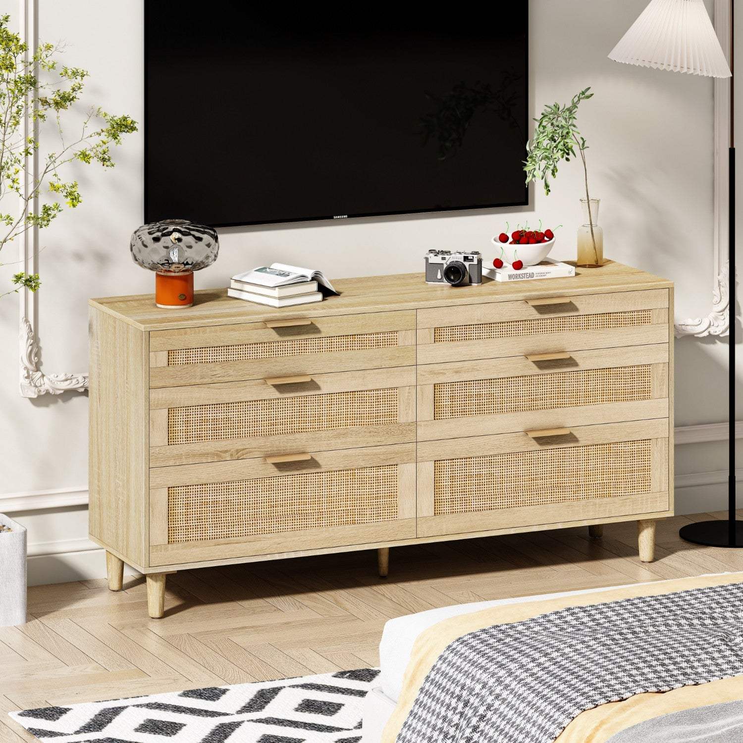 59" Natural Wood and Rattan Six Drawer Double Dresser - HomeRoots - Flyclothing LLC