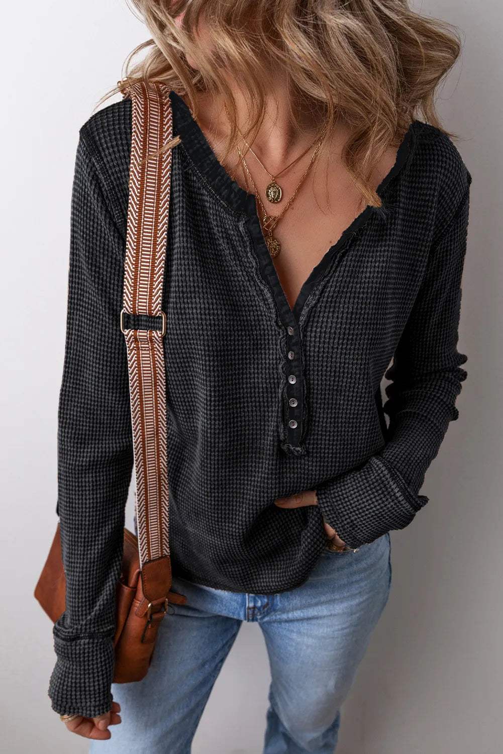 Notched Long Sleeve Top - Trendsi - Flyclothing LLC