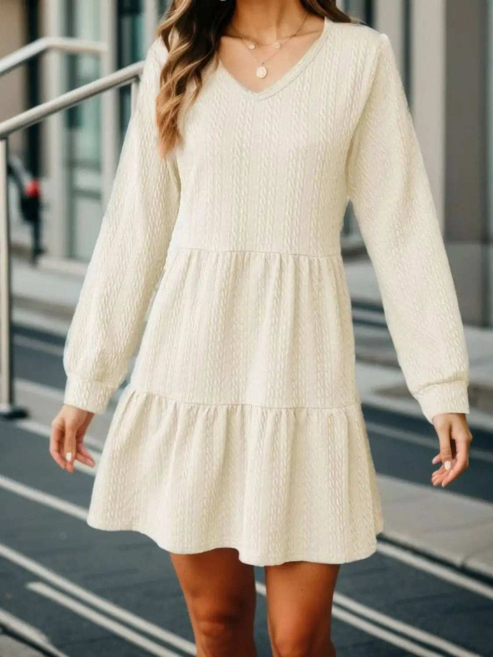 V-Neck Long Sleeve Mini Dress - Trendsi - Flyclothing LLC