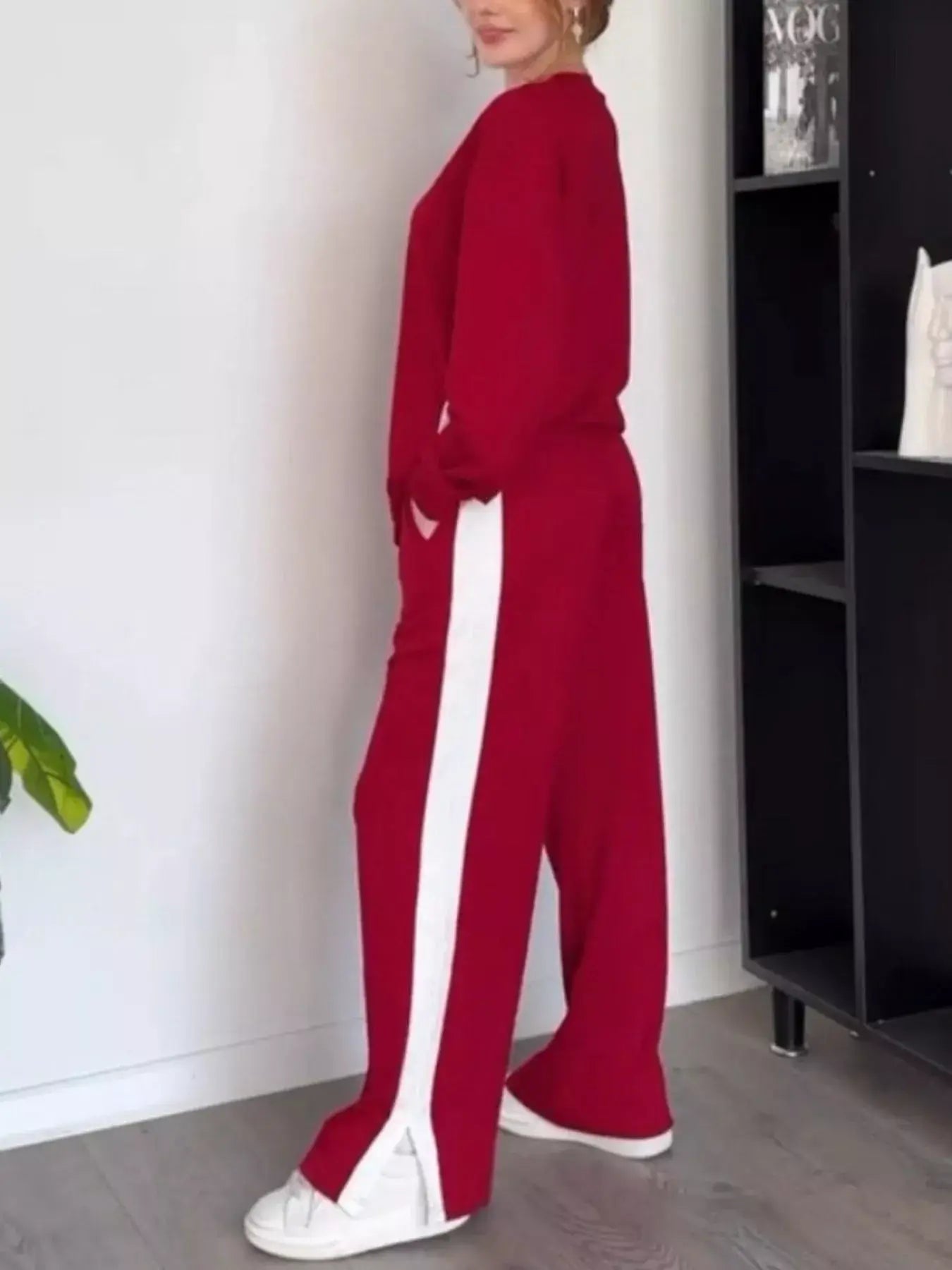 Full Size Contrast Round Neck Top and Pants Set Plus Size - Trendsi - Flyclothing LLC