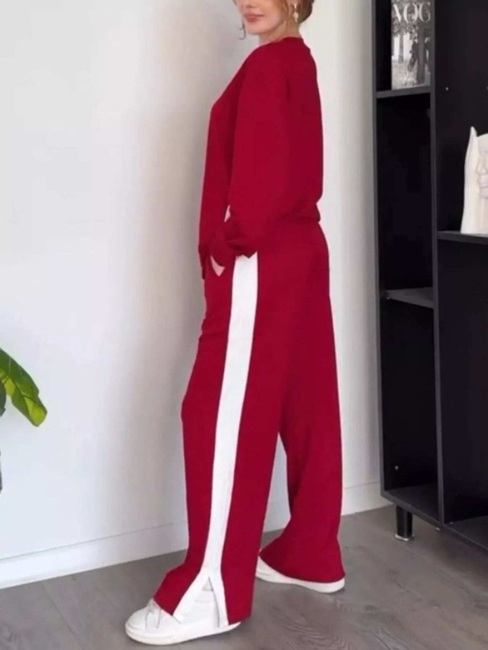 Full Size Contrast Round Neck Top and Pants Set Plus Size - Trendsi - Flyclothing LLC