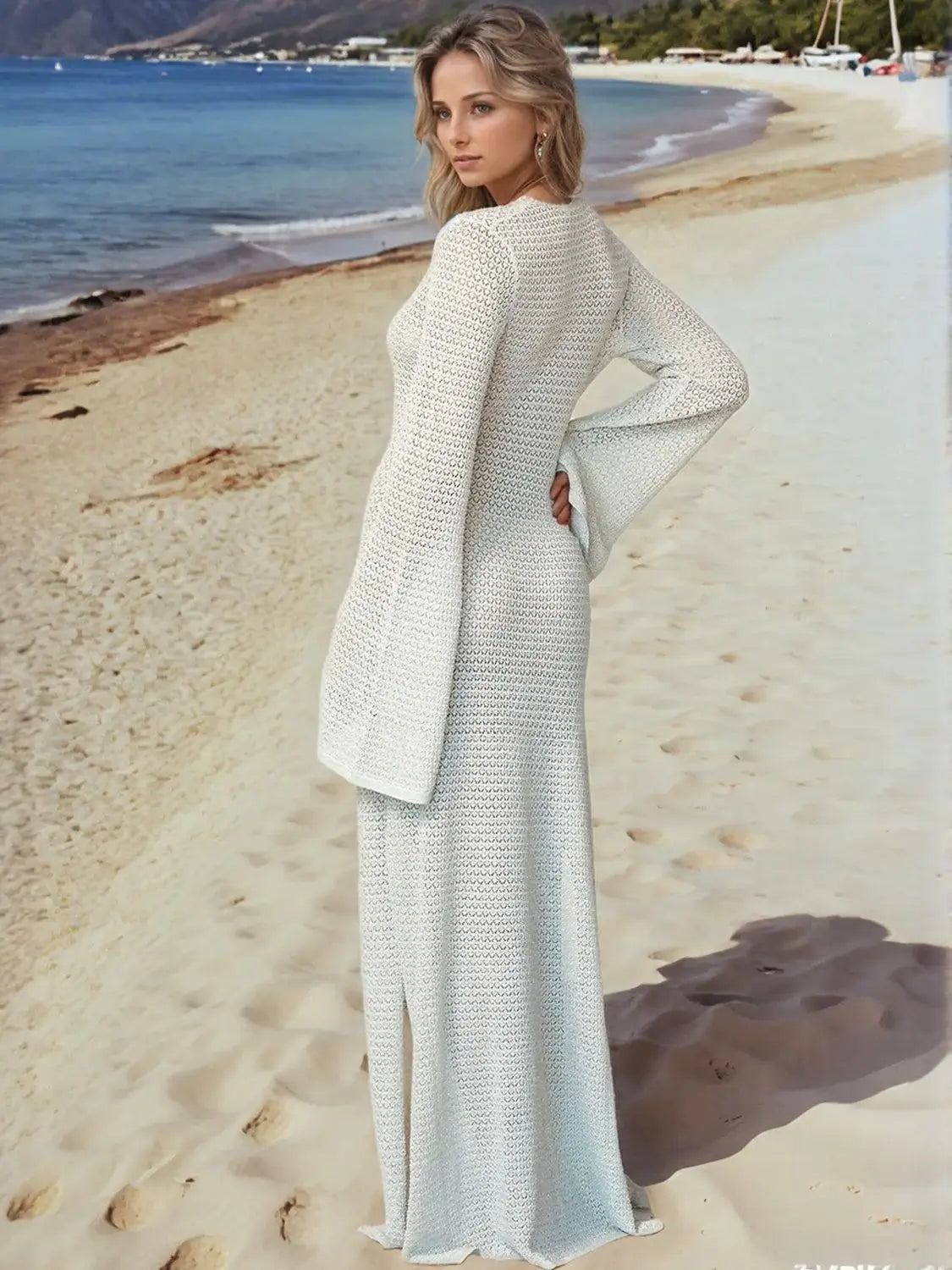 Slit Plunge Flare Sleeve Cover-Up Dress - Trendsi - Flyclothing LLC