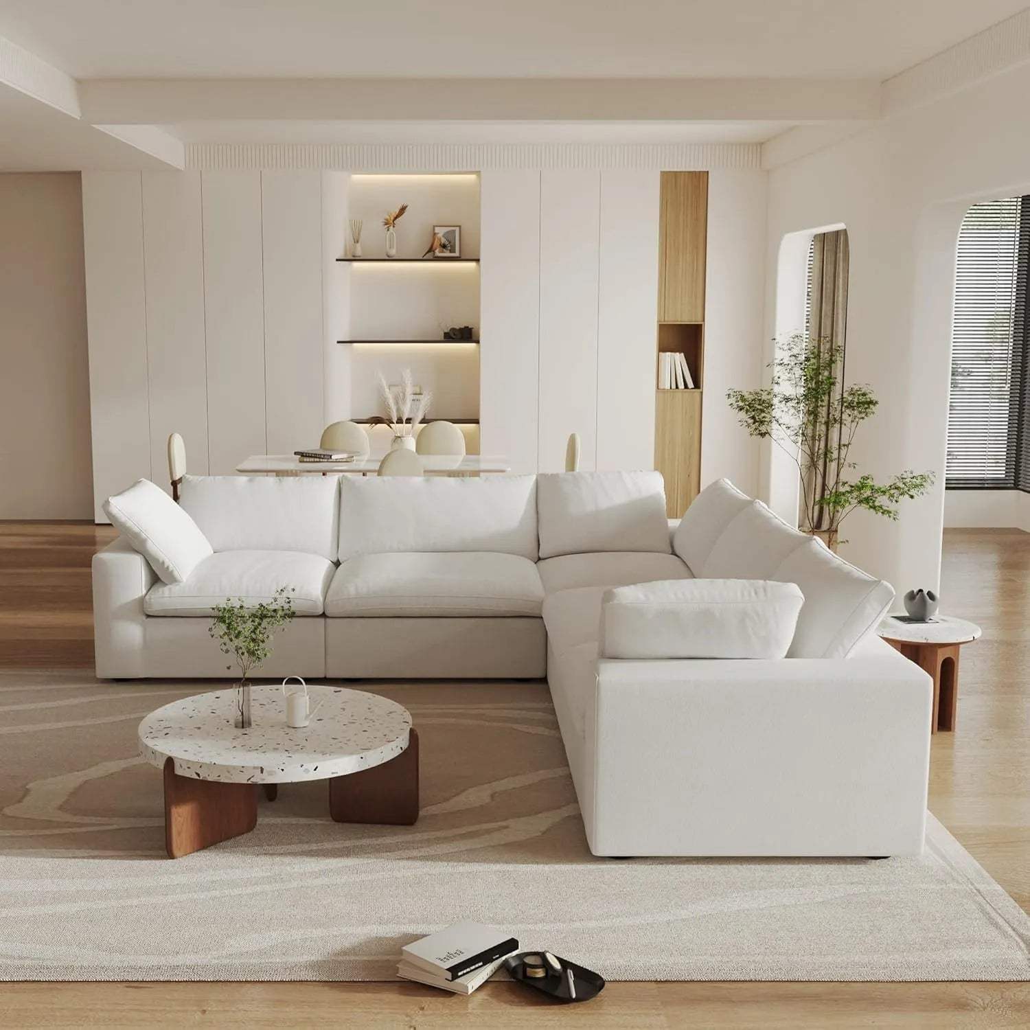 White Linen Blend Modular L Shaped Five Piece Corner Sectional - HomeRoots - Flyclothing LLC
