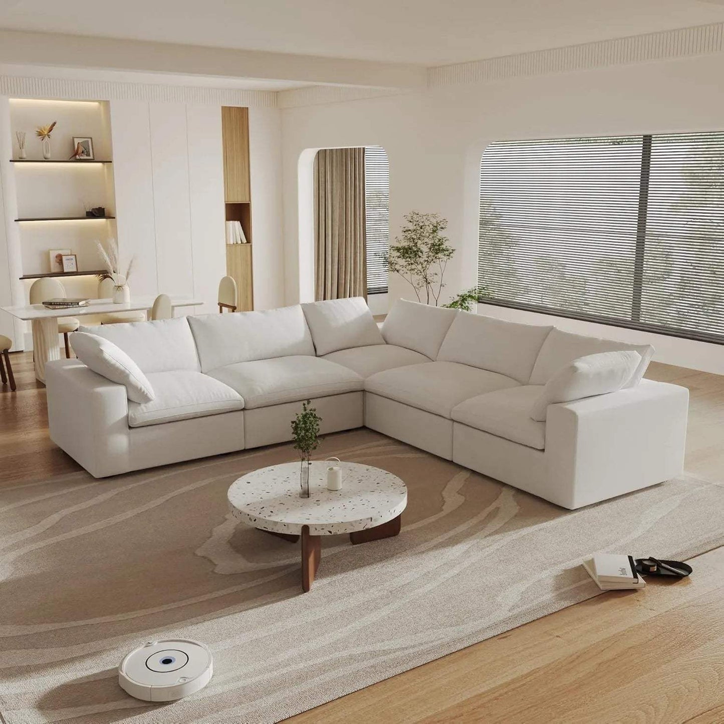 White Linen Blend Modular L Shaped Five Piece Corner Sectional - HomeRoots - Flyclothing LLC