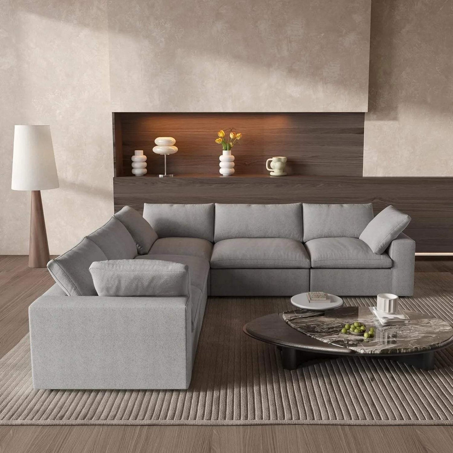 Light Gray Linen Blend Modular L Shaped Five Piece Corner Sectional - HomeRoots - Flyclothing LLC