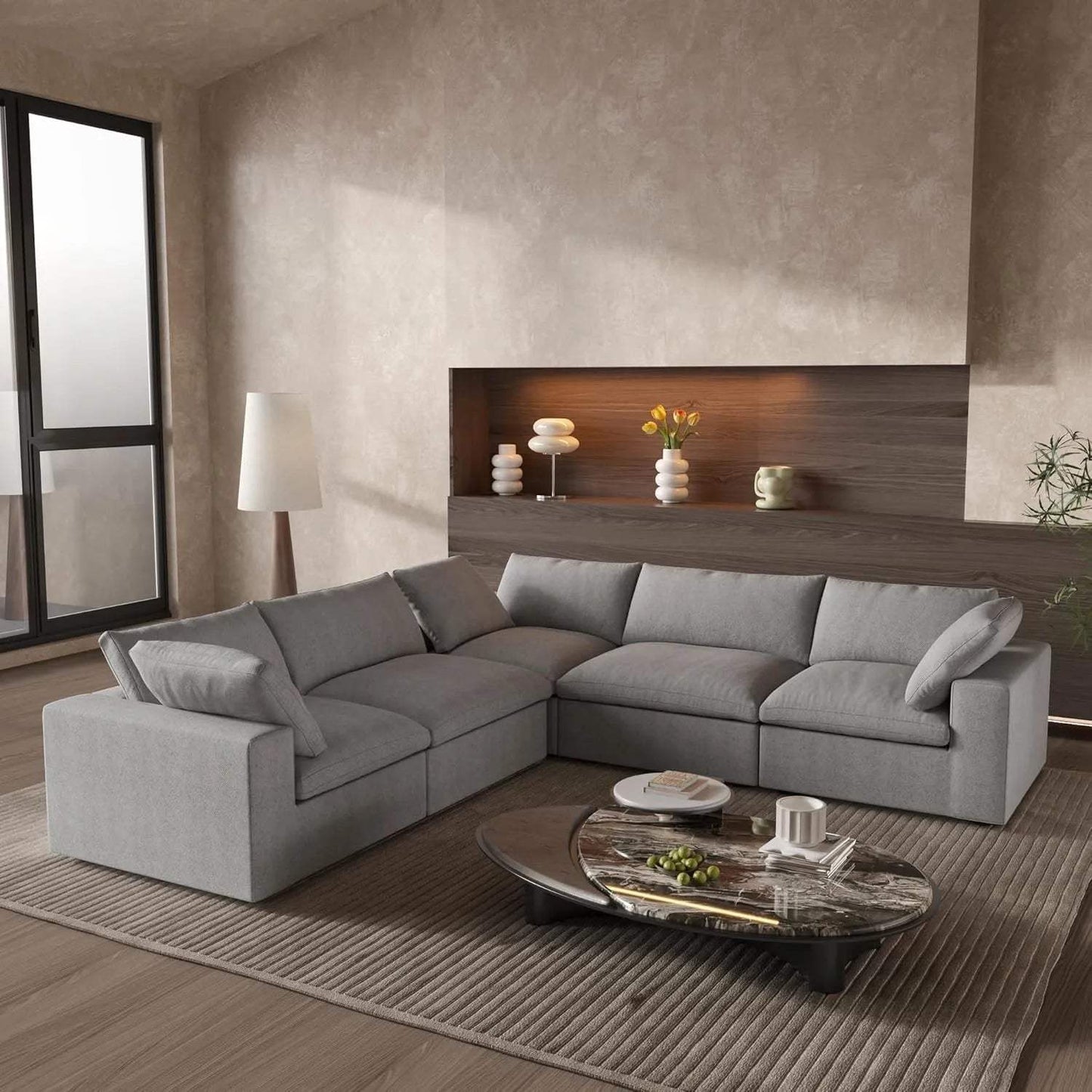 Light Gray Linen Blend Modular L Shaped Five Piece Corner Sectional - HomeRoots - Flyclothing LLC