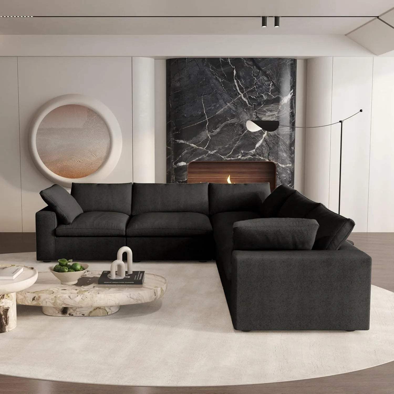 Black Linen Blend Modular L Shaped Five Piece Corner Sectional - HomeRoots - Flyclothing LLC