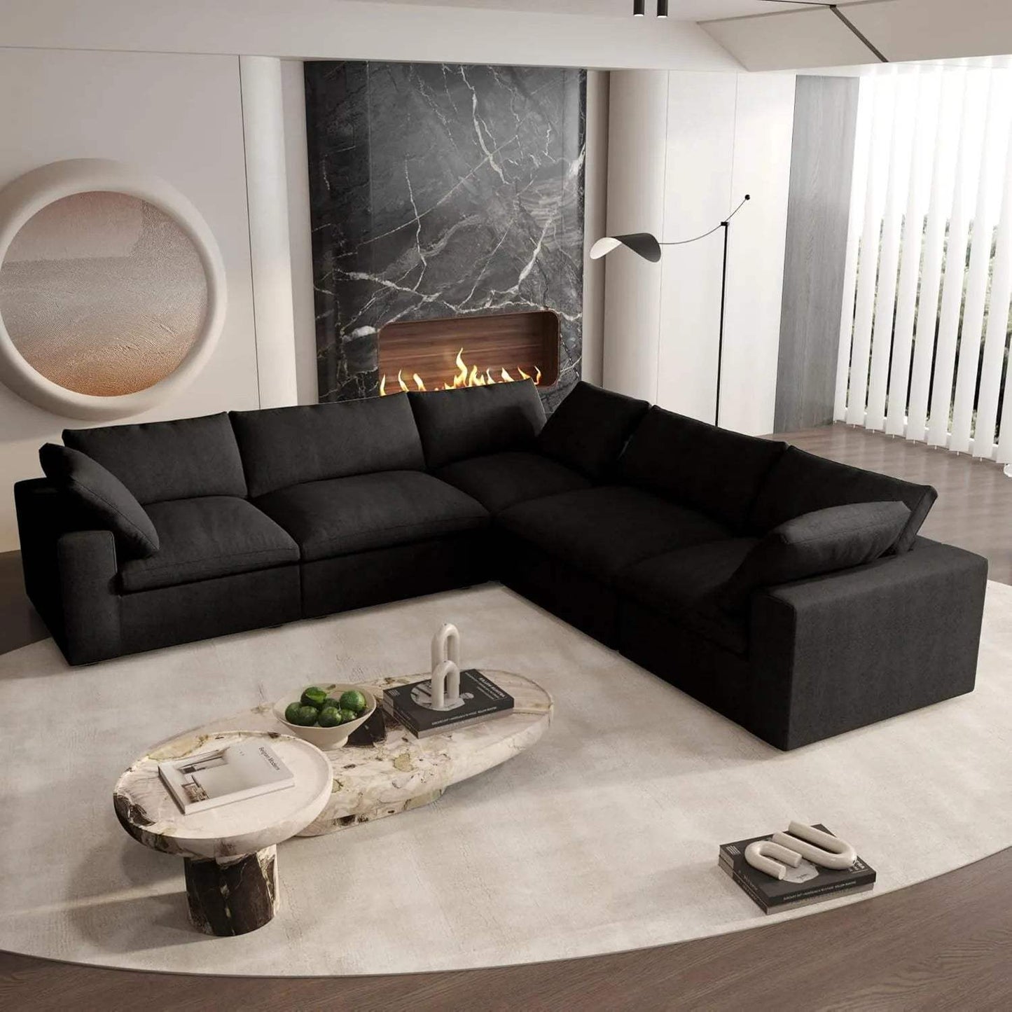 Black Linen Blend Modular L Shaped Five Piece Corner Sectional - HomeRoots - Flyclothing LLC