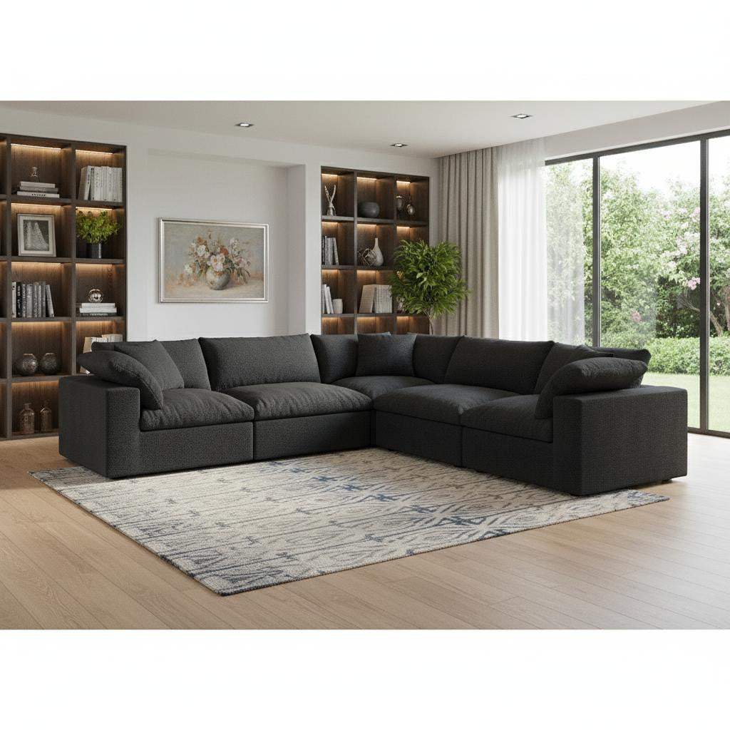 Black Linen Blend Modular L Shaped Five Piece Corner Sectional - HomeRoots - Flyclothing LLC