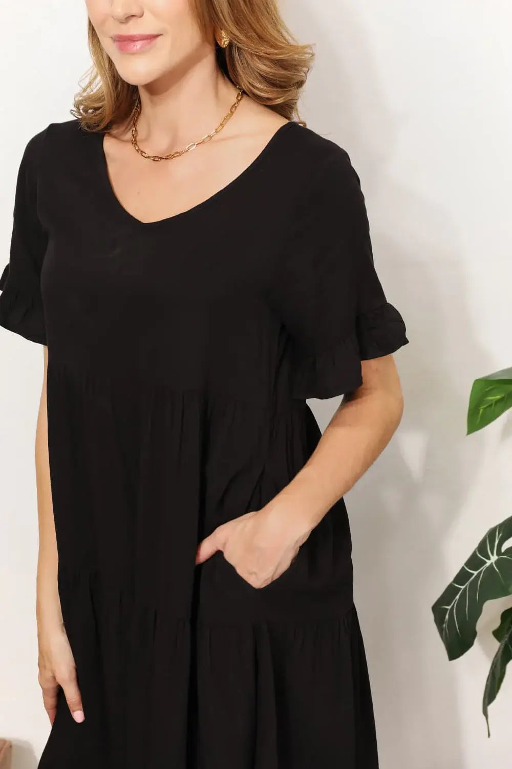 Mandy V-Neck Flounce Sleeve Tiered Dress - Trendsi - Flyclothing LLC
