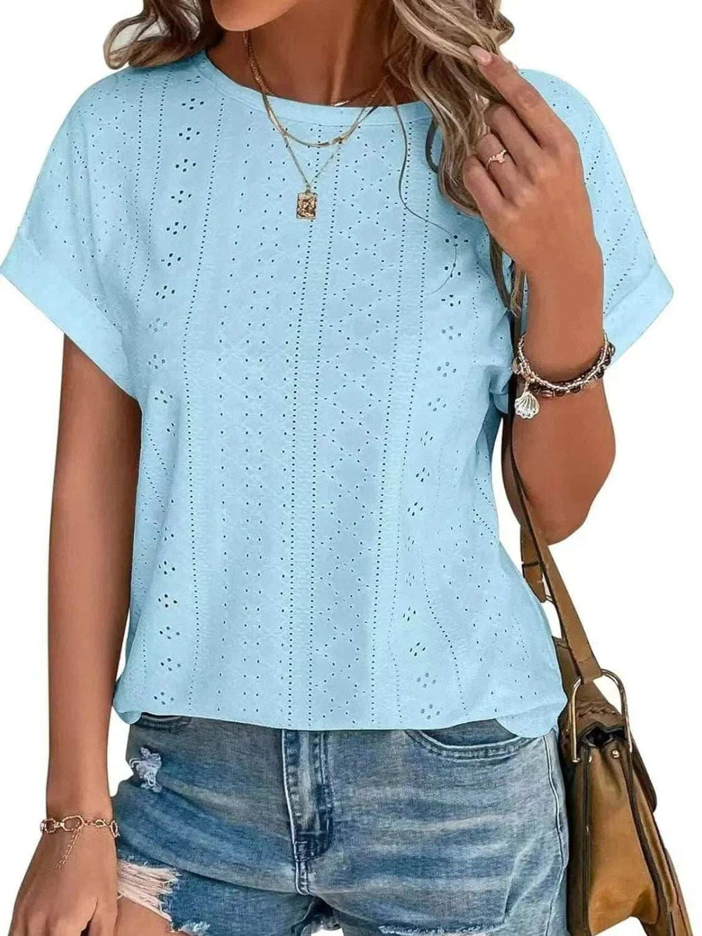 Eyelet Round Neck Short Sleeve Top - Trendsi - Flyclothing LLC