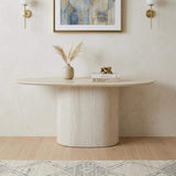 71" Beige Genuine Marble Oval Pedestal Console Table - HomeRoots - Flyclothing LLC