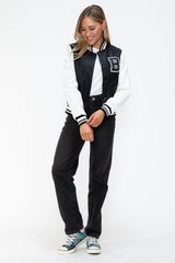Love Me Now PU Leather Contrast Snap Down Bomber Jacket - Trendsi