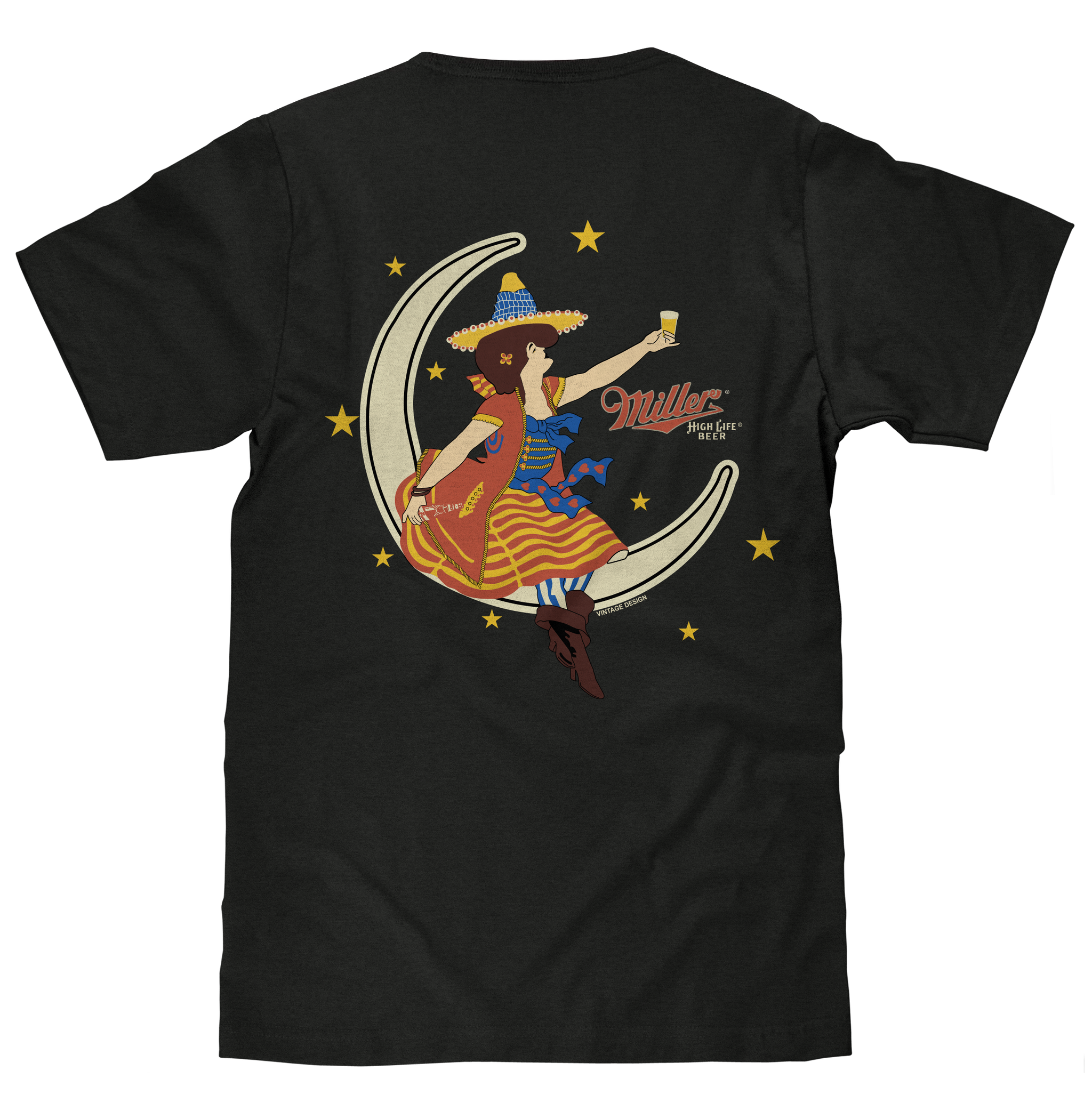 Miller High Life Girl in The Moon Beer Logo T-Shirt - Vintage Black