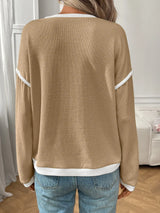 Ribbed Contrast Trim Long Sleeve Top - Trendsi - Flyclothing LLC