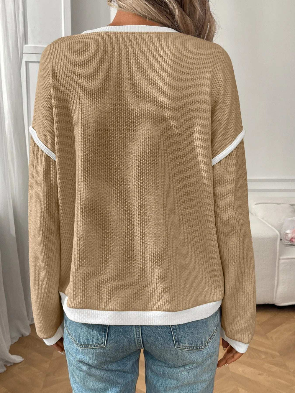 Ribbed Contrast Trim Long Sleeve Top - Trendsi - Flyclothing LLC