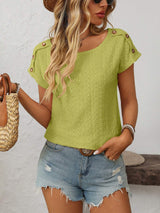 Mandy Eyelet Round Neck Short Sleeve Top - Trendsi - Flyclothing LLC